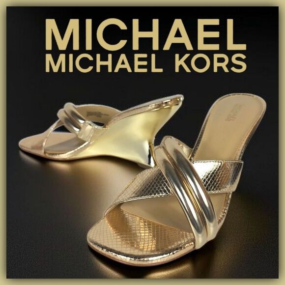 Michael Kors Nadina Metallic Snake Embossed Leather Mule Wedge Heel - Picture 1 of 14